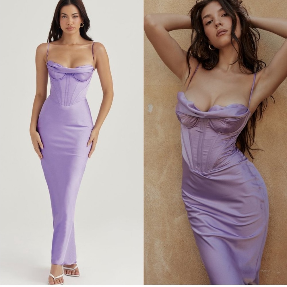 HOUSE OF CB Charmaine Corset Satin Maxi Dress Size S Lavender NEW!